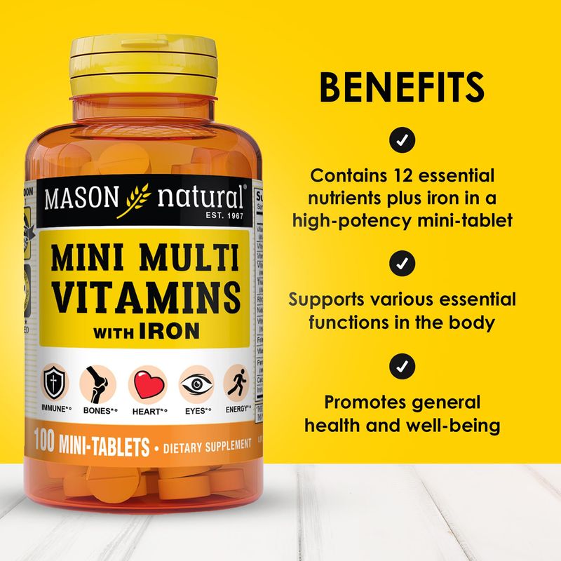 MASON NATURAL Daily Mini Multi Vitamins with Iron, Vitamins A, C, D, E, B1, B2, B3, B6, B12, Folate &amp; Calcium, 100 Day Supply