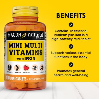MASON NATURAL Daily Mini Multi Vitamins with Iron, Vitamins A, C, D, E, B1, B2, B3, B6, B12, Folate &amp; Calcium, 100 Day Supply