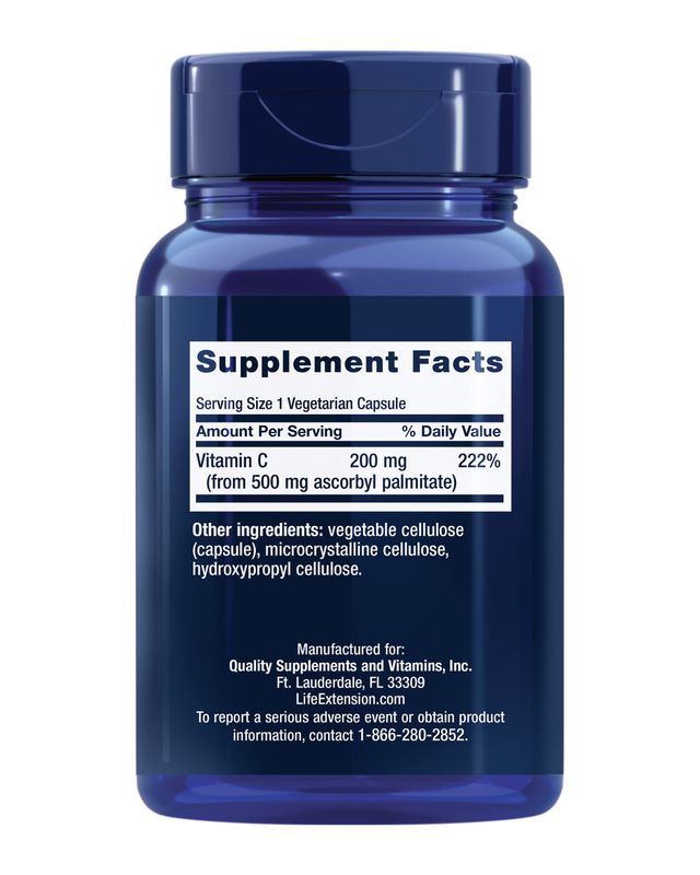 Life Extension Ascorbyl Palmitate 500mg - Fat-Soluble Vitamin C Supplement for Immune Support and Longevity - Water-Soluble Gluten-Free, Non-GMO, Vegetarian - 100 Capsules