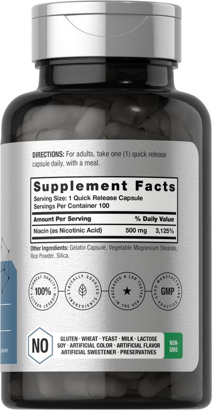 Horbach Niacin | Vitamin B3 500mg | 100 Capsules | with Flushing | Non-GMO, and Gluten Free Supplement