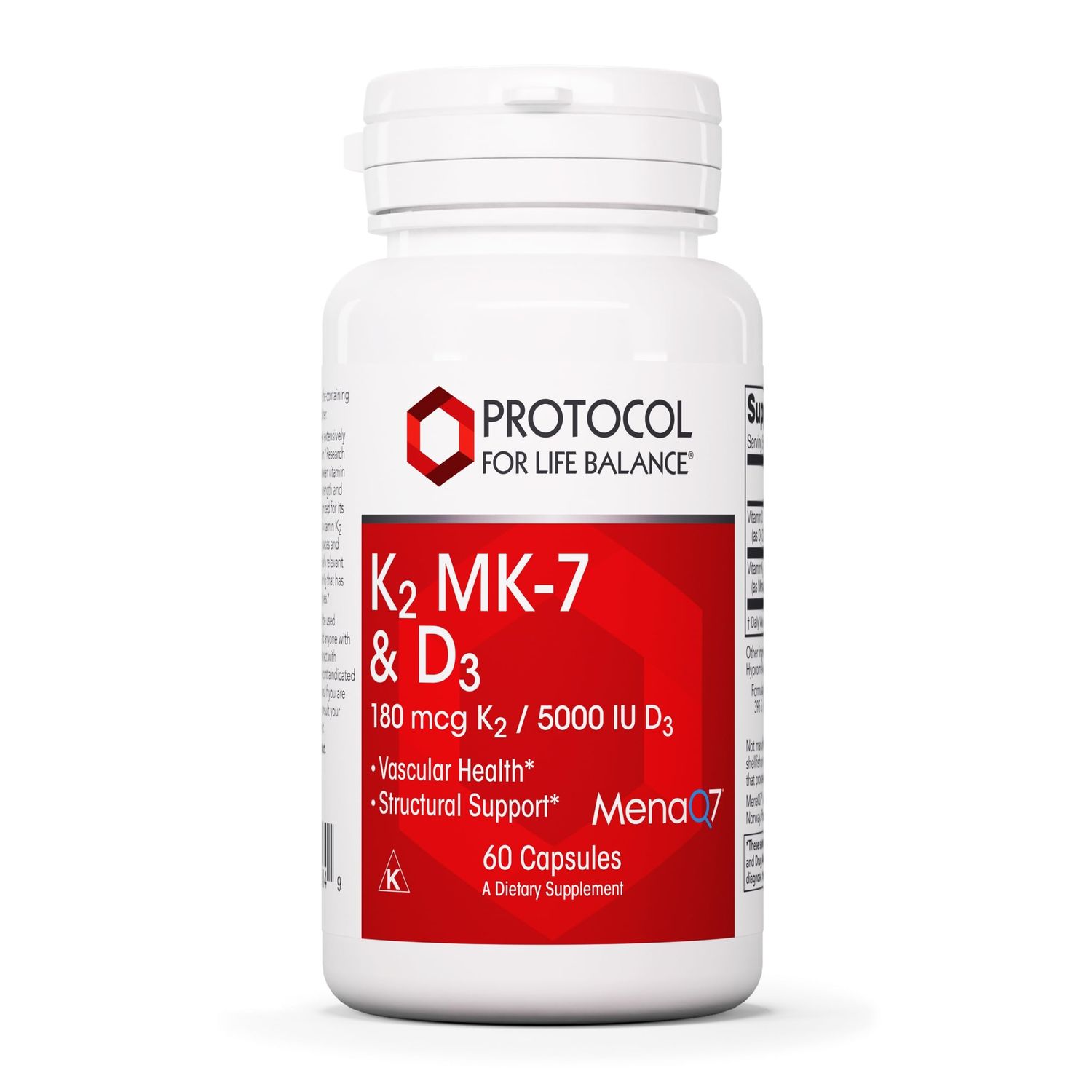 PROTOCOL FOR LIFE BALANCE - K2 MK-7 and D3 - Vascular Health and Structural Support, Bone Strength, Appetite Suppressant, Natural Weight Loss, Supports Calcium Absorption - 60 Veg Capsules