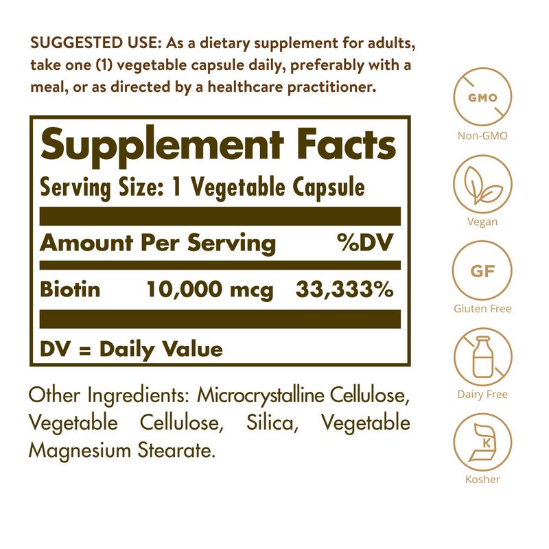 Solgar Biotin 10,000 mcg, 60 Vegetable Capsules - Energy, Metabolism, Promotes Healthy Skin, Nails &amp; Hair - Super High Potency - Non-GMO, Vegan, Gluten Free, Dairy Free, Kosher - 60 Servings