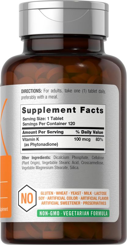Horbach Vitamin K Supplement | 100mcg | 120 Tablets | Vegetarian, Non-GMO &amp; Gluten Free Supplement