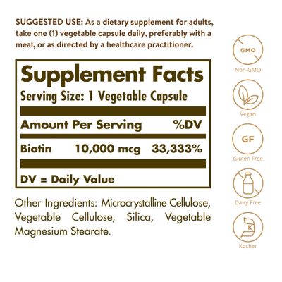Solgar Biotin 10,000 mcg, 60 Vegetable Capsules - Energy, Metabolism, Promotes Healthy Skin, Nails &amp; Hair - Super High Potency - Non-GMO, Vegan, Gluten Free, Dairy Free, Kosher - 60 Servings