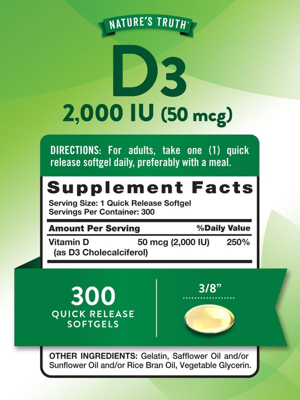Nature's Truth Vitamin D3 2000 IU | 300 Softgels | High Potency Formula | Non-GMO &amp; Gluten Free Supplement