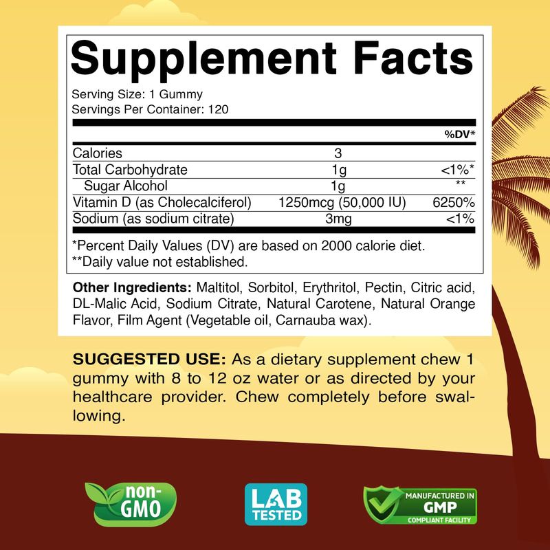 Vitabod Sugar Free Vitamin D3 50,000 IU Weekly Supplement - 120 Vitamin D Gummies for Bones, Teeth, and Immune Support - Easy Chew Pure Vitamin D3 50000 IU- Non GMO Pills