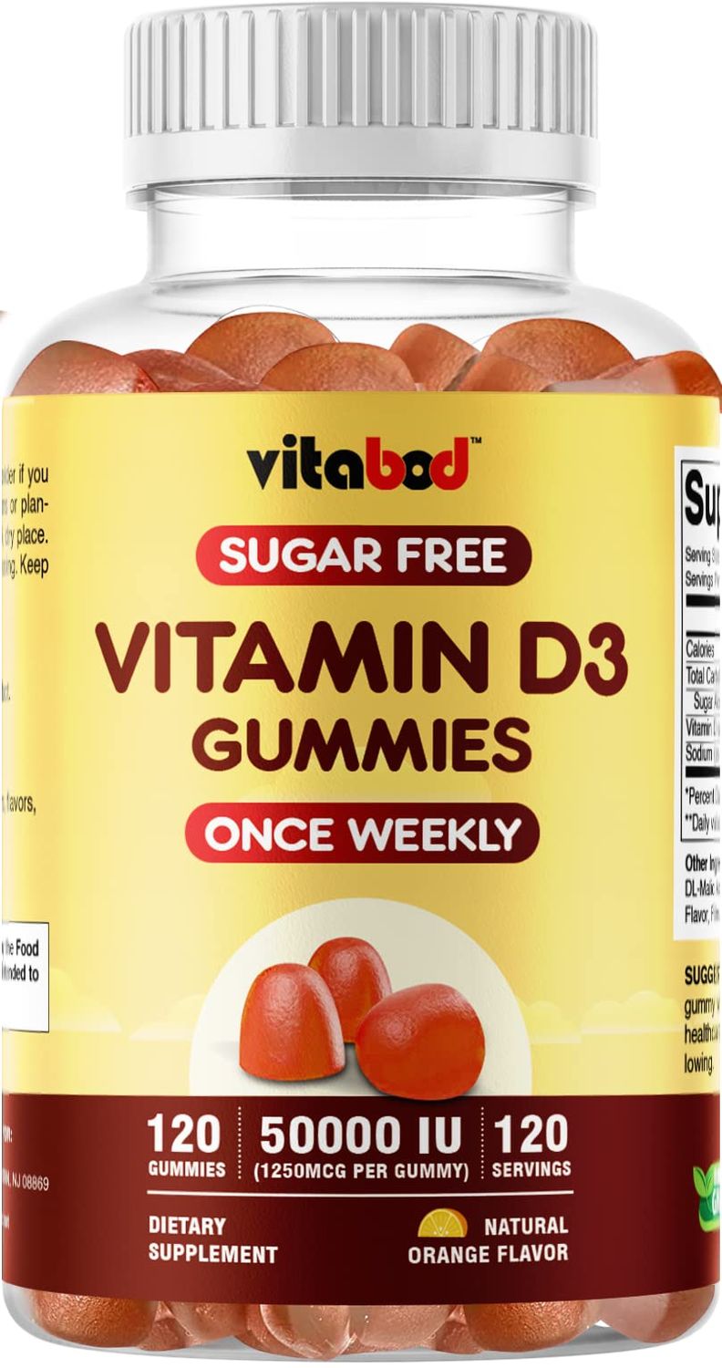 Vitabod Sugar Free Vitamin D3 50,000 IU Weekly Supplement - 120 Vitamin D Gummies for Bones, Teeth, and Immune Support - Easy Chew Pure Vitamin D3 50000 IU- Non GMO Pills