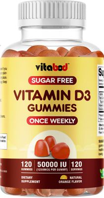 Vitabod Sugar Free Vitamin D3 50,000 IU Weekly Supplement - 120 Vitamin D Gummies for Bones, Teeth, and Immune Support - Easy Chew Pure Vitamin D3 50000 IU- Non GMO Pills