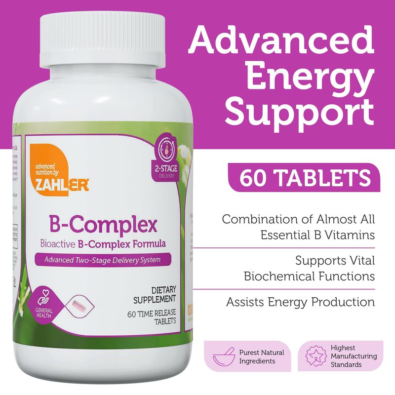 Zahler B-Complex Vitamins for Women &amp; Men - Vitamin B Complex - B Vitamins Complex with B1 B2 B3 B5 B6 B7 B9 B12 - Advanced 2-Stage Delivery System - Gluten Free Kosher Non-GMO VIT B (60 Tablets)