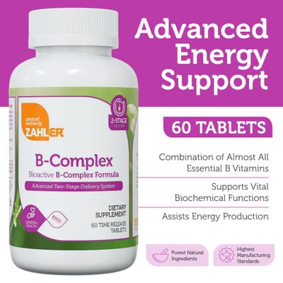 Zahler B-Complex Vitamins for Women &amp; Men - Vitamin B Complex - B Vitamins Complex with B1 B2 B3 B5 B6 B7 B9 B12 - Advanced 2-Stage Delivery System - Gluten Free Kosher Non-GMO VIT B (60 Tablets)
