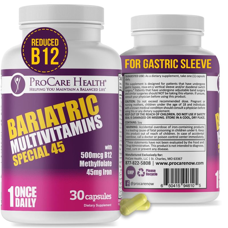 ProCare Health Bariatric Multivitamin with Iron (30 Capsule) 45mg Iron with Reduced B12 - Post-Op Bariatric Vitamins for Gastric Bypass Sleeve Patients, Sustains Recovery &amp; Energy (1 Month Supply)