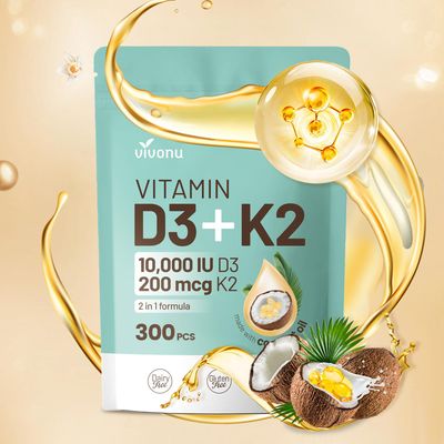 Vitamin D3 10000 iu Plus K2 (MK-7) 200 mcg, 300 Coconut Oil Softgels| 2 in 1 VIT D &amp; K Complex | Supports Calcium Absorption, Bone, Immune, &amp; Heart Health - Easy to Swallow (300 Softgels /1 Bag)
