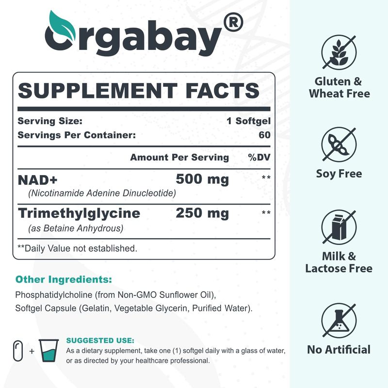 Orgabay Liposomal NAD+ Supplement 500 mg, High Absorption, Boost NAD+ with TMG 250 mg, Actual NAD Plus More Efficient Than Nicotinamide Riboside, Support Cellular Energy, Healthy Aging | 60 Softgels