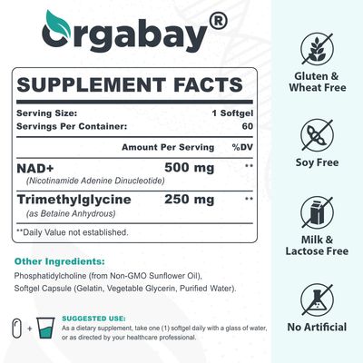 Orgabay Liposomal NAD+ Supplement 500 mg, High Absorption, Boost NAD+ with TMG 250 mg, Actual NAD Plus More Efficient Than Nicotinamide Riboside, Support Cellular Energy, Healthy Aging | 60 Softgels