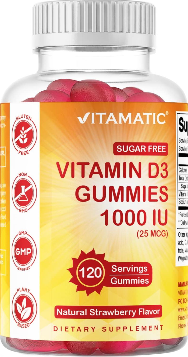 Vitamatic Sugar Free Vitamin D3-120 Pectin Based Gummies - Great Taste - Healthy Bones, Mood &amp; Immune System Function - Non-GMO - 120 Servings (1000 IU)