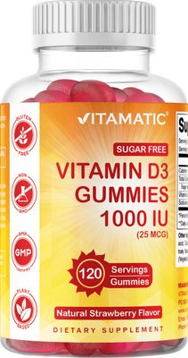 Vitamatic Sugar Free Vitamin D3-120 Pectin Based Gummies - Great Taste - Healthy Bones, Mood &amp; Immune System Function - Non-GMO - 120 Servings (1000 IU)
