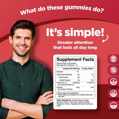 Vegan Vitamin B12 Gummies for Adults - Extra Strength B12 Vitamin Daily Energy Gummies for Women and Men - Delicious Vitamin B Gummies with Vitamin B12 1000mcg Per Serving Gluten Free Raspberry Flavor