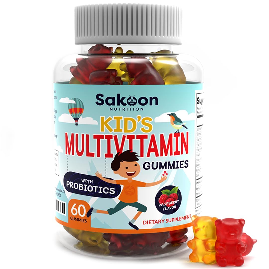 Sakoon nutrition Kids Multivitamin Gummies with Probiotics, 60 Count Raspberry Flavor| Vegetarian, Non-GMO, Gluten Free, Halal Children&#39;s Supplement