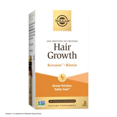 Solgar Hair Growth Age-Defying Nutrition For Men &amp; Women-Thicker Fuller Hair Growth with Keranat Oil, Biotin, Zinc and Copper - One Softgel Daily, Vegan, Dairy, Soy and Gluten Free, 30 Servings
