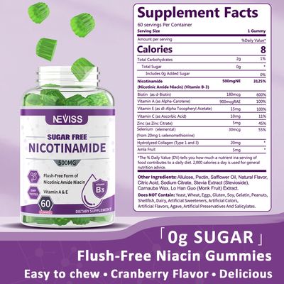Sugar Free Nicotinamide 500mg Gummies, (Flush Free Niacin) Vitamin B3 Niacinamide Supplement for Cell Regeneration, NAD+ Boost, Healthy Aging, Energy Boost & DNA Repair, Vitality, Easy to Chew, 60 Cts
