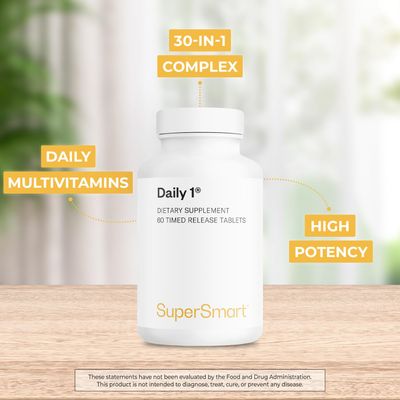 Supersmart - Daily 1 Timed Release - Multivitamin Supplement for Women &amp; Men - with BioPQQ, Vitamin A, B, C, D &amp; E, Biotin, Quercetin &amp; Fisetin | Made in USA | Non-GMO &amp; Gluten Free - 60 Tablets