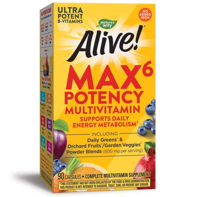 Nature&#39;s Way Alive! Max6 Potency Multivitamin, High Potency Antioxidant Vitamins A,C, E &amp; B-Vitamins Including Methylated B12 &amp; Folate to Support Daily Energy Metabolism*, No Added Iron, 90 Capsules