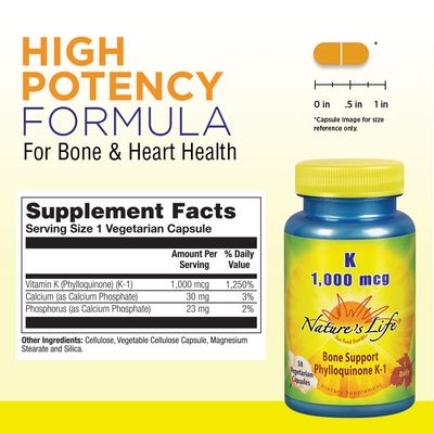 Nature's Life Vitamin K 1000mcg | Phylloquinone K-1 Supplement, Healthy Bones &amp; Cardiovascular Support | 50CT