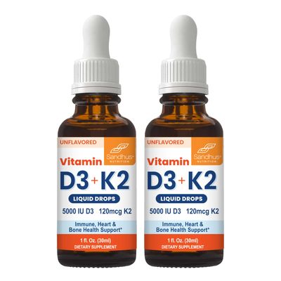 Sandhu&#39;s Vitamin D3 K2 Drops for Adults | 5000 IU D3 Liquid, 120mcg K2 Supplement | Supports Immune Health | 1 Fl Oz (Pack of 2)