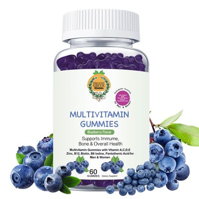 Organic Greek Multivitamin Gummies with Vitamin A, C, D, E, Zinc, B12, Biotin, B6, Iodine, Pantothenic Acid for Men &amp; Women with 13 Vitamins and Minerals Blueberry Flavor