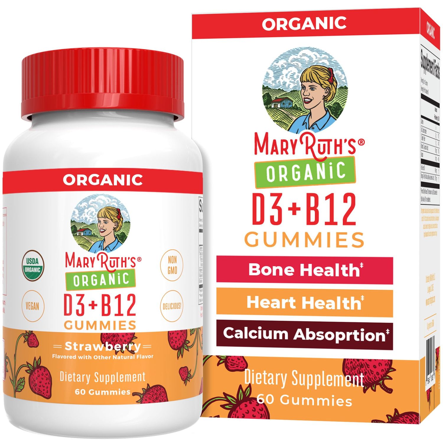 Mary Ruth&#39;s Vitamin D3 + B12 Gummies | USDA Organic | 2 Month Supply | Vitamin D &amp; B12 Vitamin Supplements for Adults &amp; Kids | Bone Health | Healthy Energy Levels | Vegan | Non-GMO | 60 Servings