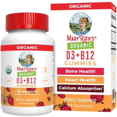 Mary Ruth&#39;s Vitamin D3 + B12 Gummies | USDA Organic | 2 Month Supply | Vitamin D &amp; B12 Vitamin Supplements for Adults &amp; Kids | Bone Health | Healthy Energy Levels | Vegan | Non-GMO | 60 Servings