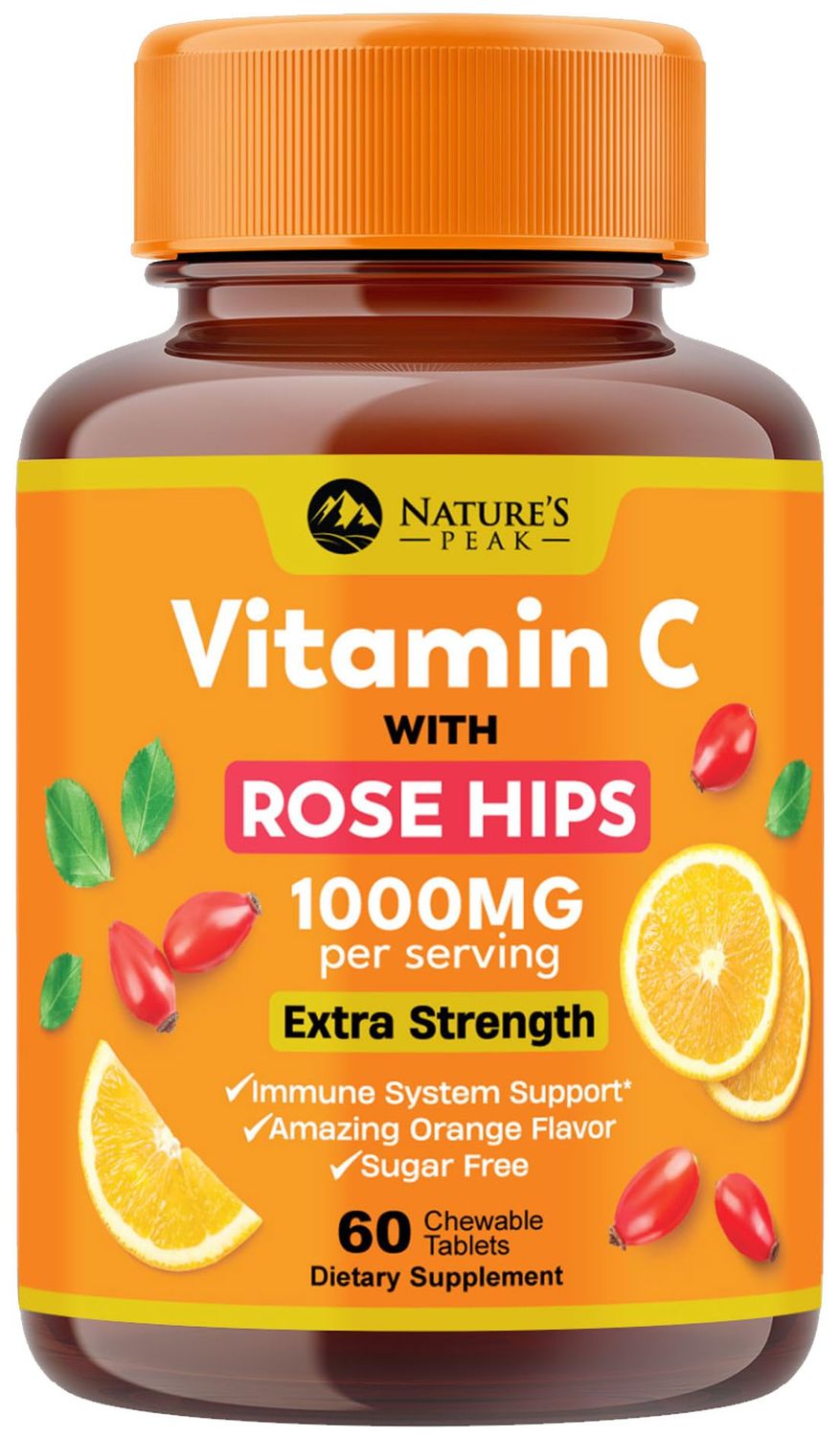 Extra Strength Vitamin C 1000 mg - Chewable Vita C for Powerful Immune Support with Vitamin C &amp; Rose HIPS - Potent Dietary Chewable Vitamin C Supplement, Vegan, Gluten-Free, Non-GMO - 60 Tablets