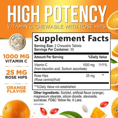 Extra Strength Vitamin C 1000 mg - Chewable Vita C for Powerful Immune Support with Vitamin C & Rose HIPS - Potent Dietary Chewable Vitamin C Supplement, Vegan, Gluten-Free, Non-GMO - 60 Tablets