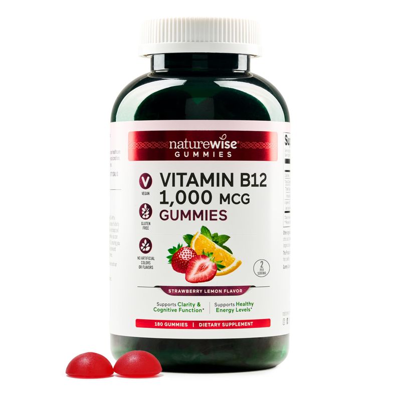 NatureWise Vitamin B12 Gummies for Adults, 1000 mcg - Strawberry Lemon Flavor - Supports Daily Energy, Mental Clarity, Cognitive Function - Vegan, Gluten-Free, Non-GMO - 180 Gummies[3-Month Supply]