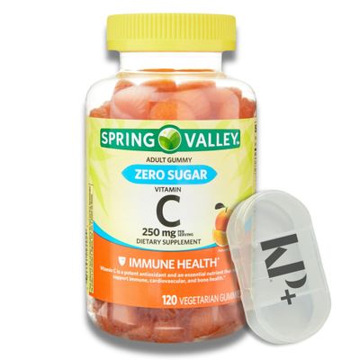 Spring Valley Zero Sugar Vitamin C Gummies, Vitamin C Gummies, Dietary Supplement, 250 mg, 120 Ct Bundle with Pill case