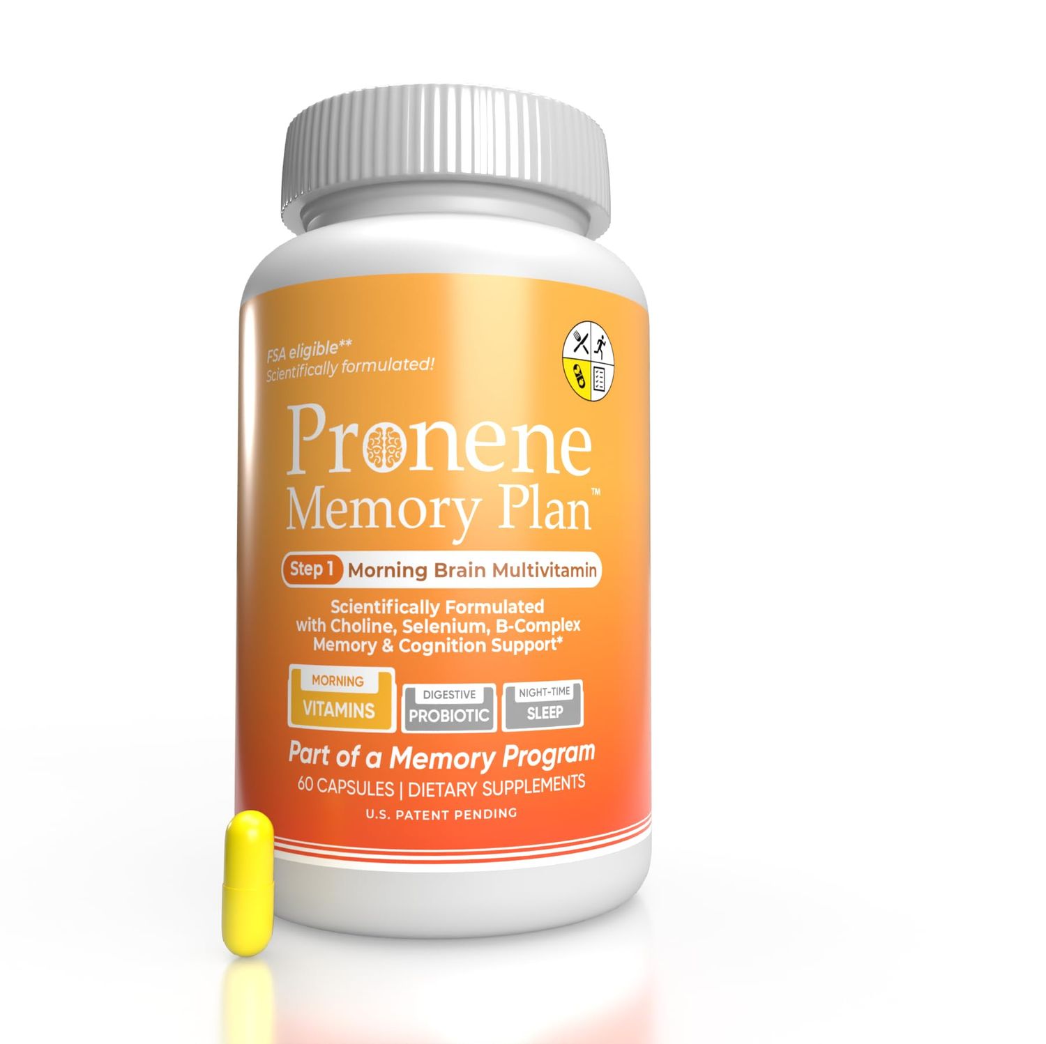 PRONENE Memory Plan (60 ct) Morning Brain Multivitamin | Nootropic Supplement w/Choline, Selenium, Folic Acid, D, &amp; B Vitamins | Optimized nutrients Support Brain, Immunity &amp; Memory.