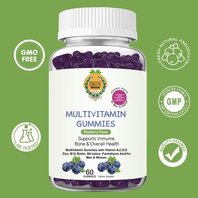Organic Greek Multivitamin Gummies with Vitamin A, C, D, E, Zinc, B12, Biotin, B6, Iodine, Pantothenic Acid for Men &amp; Women with 13 Vitamins and Minerals Blueberry Flavor