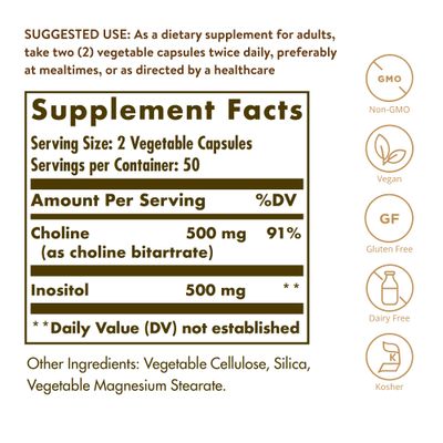 SOLGAR Choline/Inositol 500 mg/500 mg - 100 Vegetable Capsules, Pack of 2 - Non-GMO, Vegan, Kosher, Gluten Free, Dairy Free - 100 Total Servings