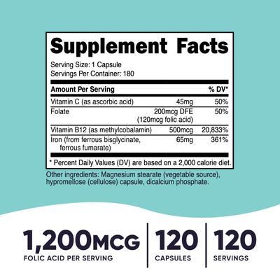 Nutricost Folic Acid for Women (Vitamin B9) 1200 mcg, 120 Capsules, with B12 and Biotin, Veggie Caps, Non-GMO &amp; Gluten Free