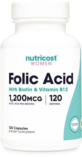 Nutricost Folic Acid for Women (Vitamin B9) 1200 mcg, 120 Capsules, with B12 and Biotin, Veggie Caps, Non-GMO &amp; Gluten Free