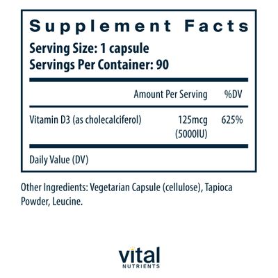 Vital Nutrients Vitamin D 5000 IU | Vitamin D3 Supplement | Healthy Bones, Teeth, Muscles*| Cellular &amp; Immune Function | Calcium Absorption | Gluten, Dairy and Soy Free | 90 Capsules