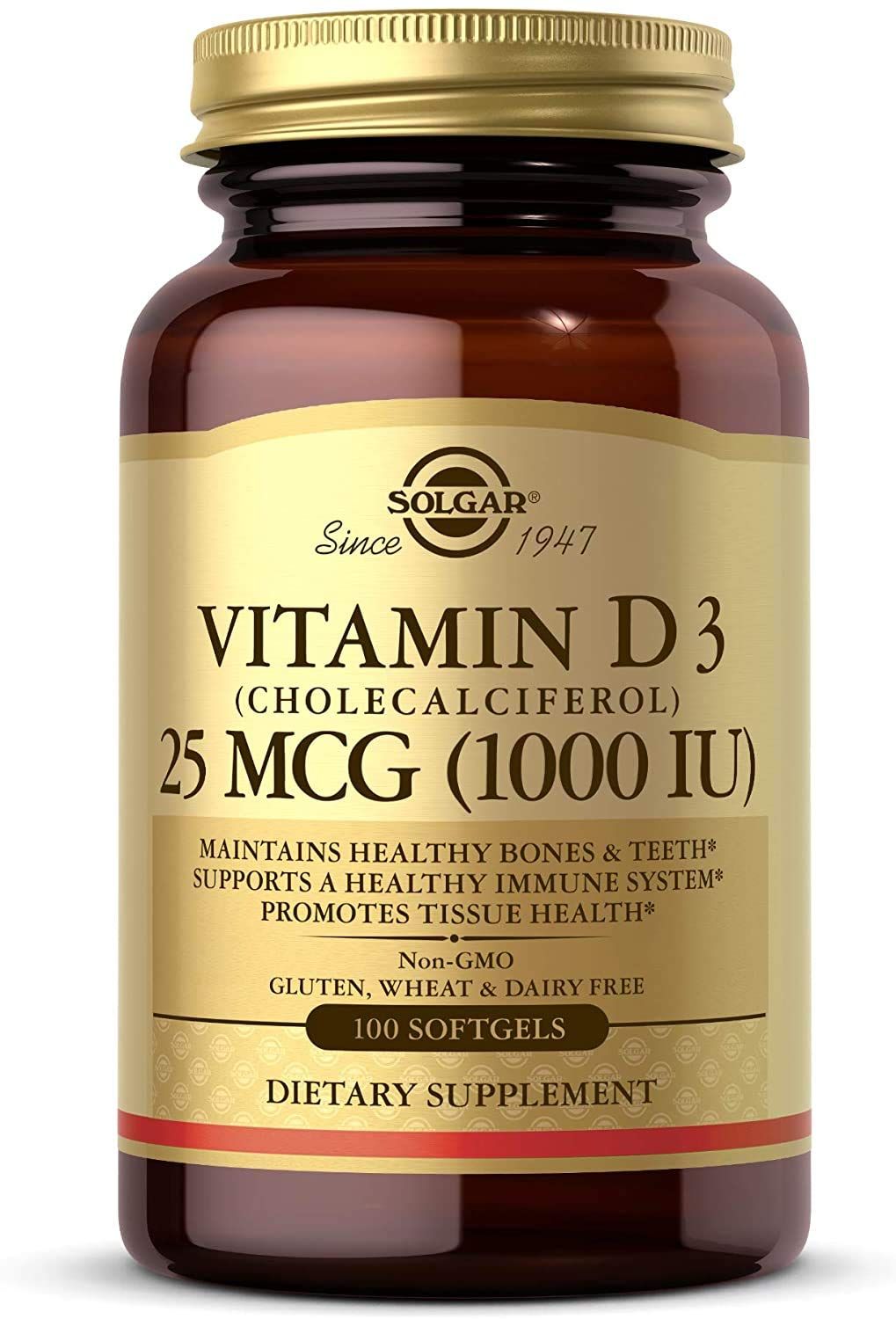 Solgar Vitamin D3 (Cholecalciferol) 25 mcg (1000 IU), 100 Softgels - Helps Maintain Healthy Bones &amp; Teeth - Immune System Support - Non-GMO, Gluten Free, Dairy Free - 100 Servings