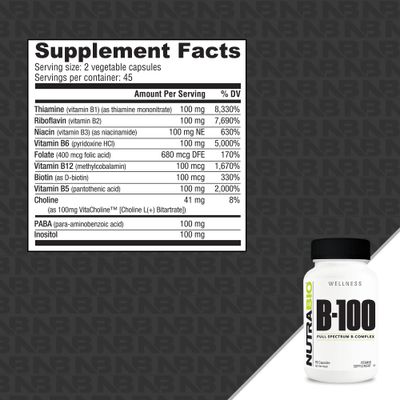 NutraBio B-100, B Vitamin Complex, Immune System Support, Healthy Hair, Skin, Nails, 90 Vegetable Capsules