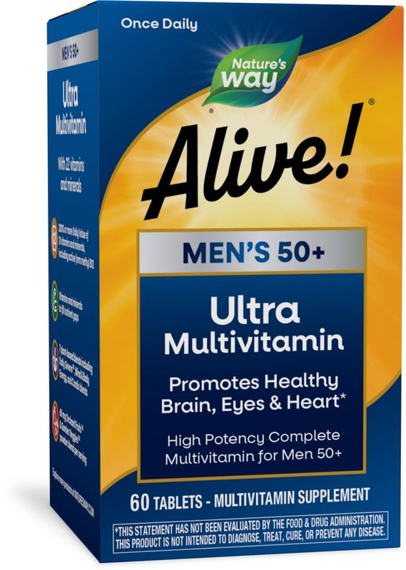 Nature's Way Alive! Mens 50+ Daily Ultra Multivitamin, High Potency Formula, Supports Healthy Brain, Eyes &amp; Heart*, with Methylated B12, Gluten-Free, 60 Tablets (Packaging May Vary)