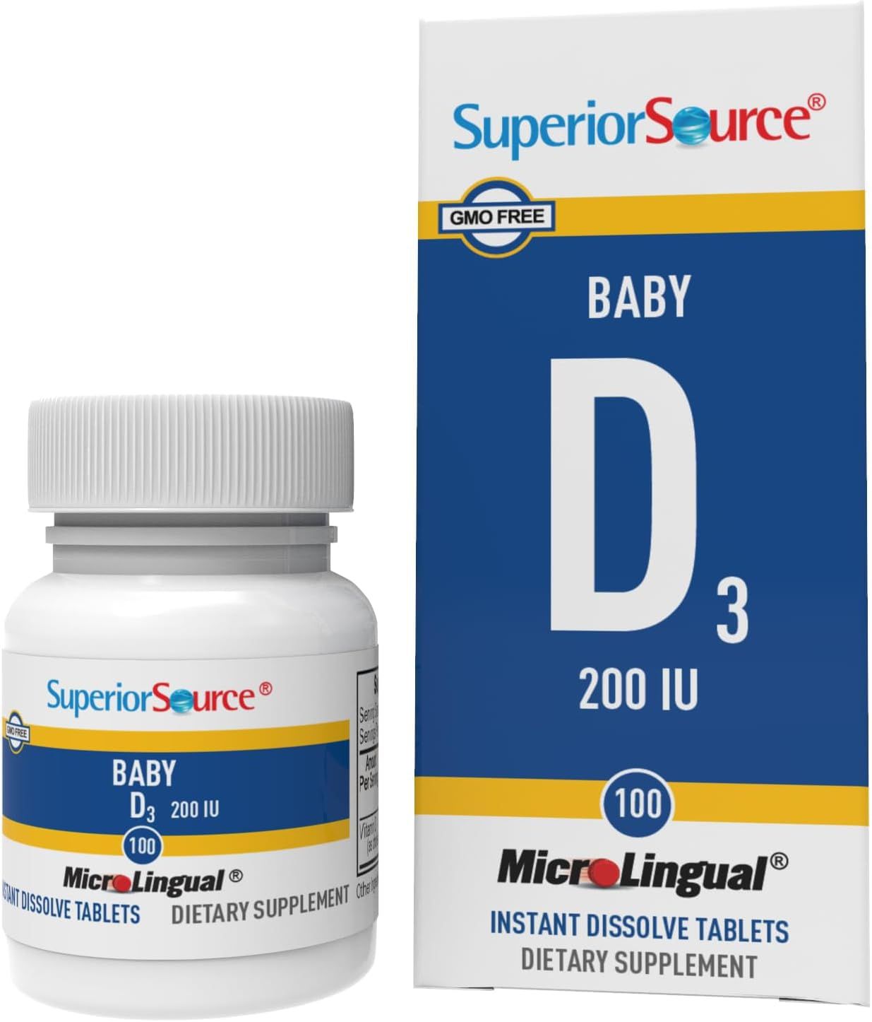 Superior Source Baby Vitamin D3 200 IU, Quick Dissolve Tablets, 100 Count, Promotes Strong Bones and Teeth, Immune Support, Healthy Muscle Function, Non-GMO
