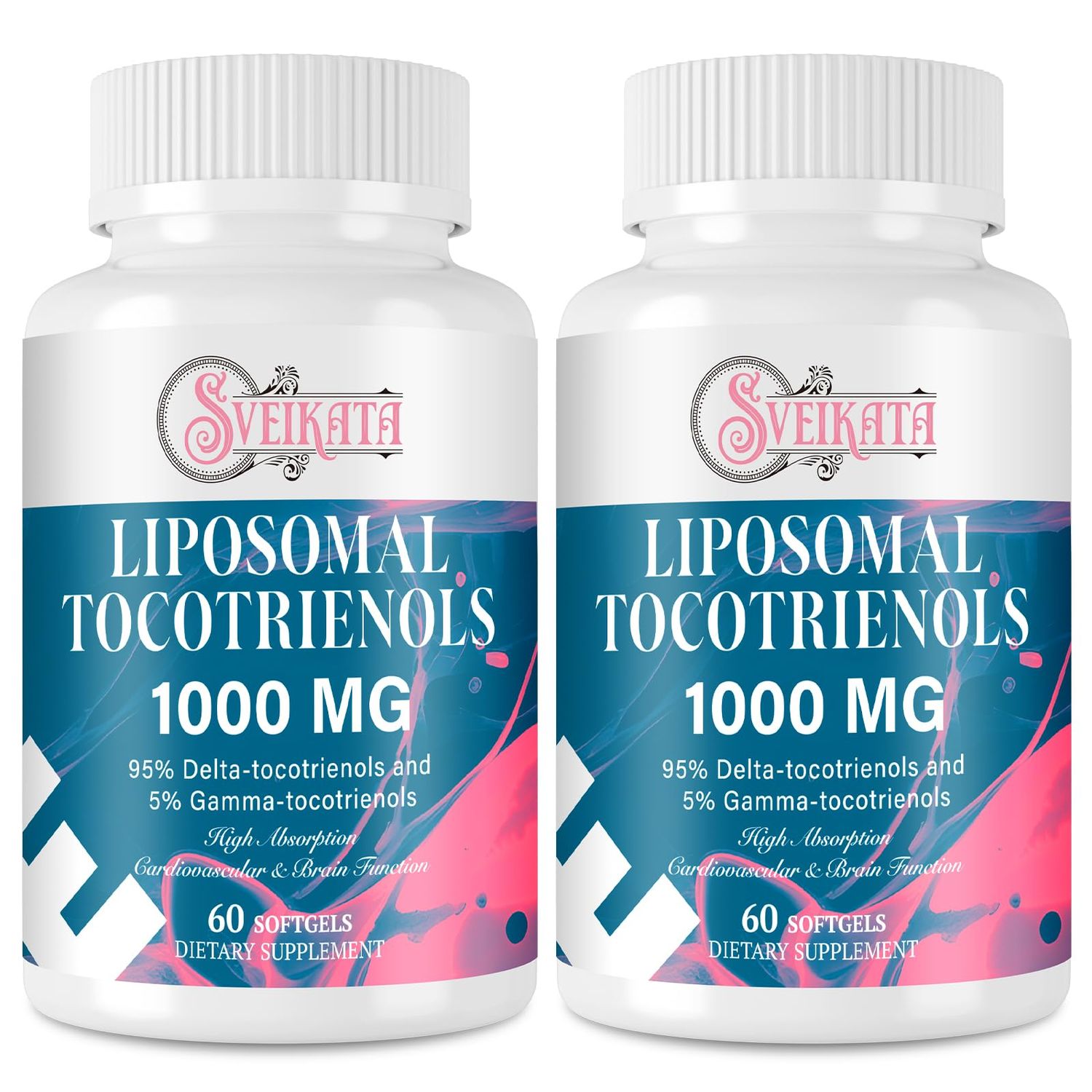 Sveikata Liposomal Tocotrienols Supplement 1000mg, Vitamin E, Advanced Formula with 95% Delta-tocotrienols, 5% Gamma-tocotrienols - 60 Softgels 2 Bottle