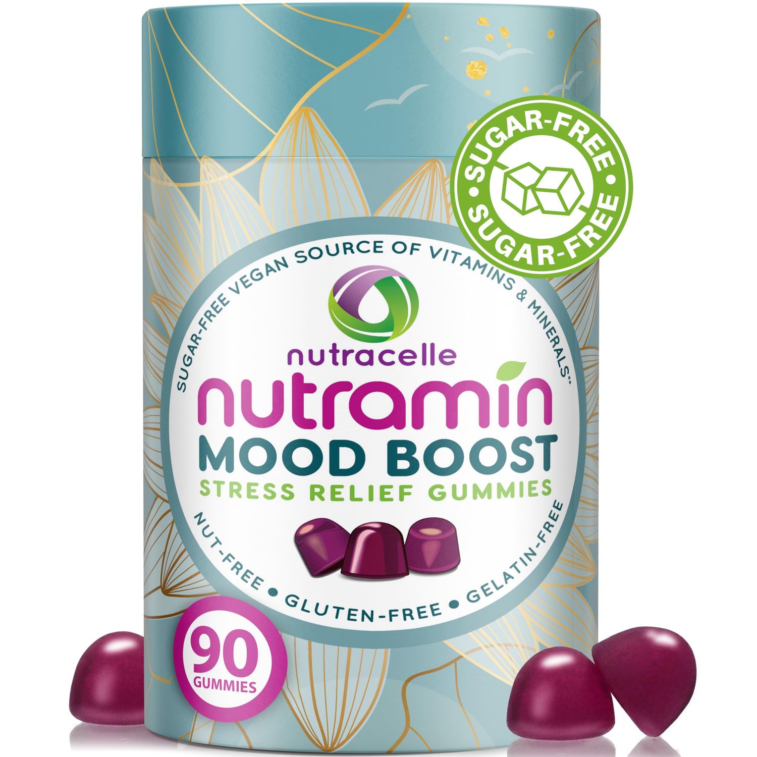 NUTRAMIN Mood Boost Multivitamin Gummy - Delicious &amp; Yummy Anti-Stress Magnesium Ashwagandha Gummies + B Complex Vitamins for Focus and Calm - Sugar-Free, Vegan, Gluten-Free, Allergy-Safe (90 Count)