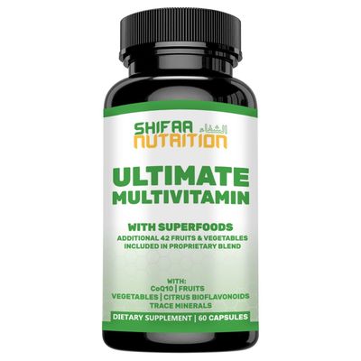 SHIFAA NUTRITION Halal Multivitamins for Women, Men &amp; Adults, 30 Servings | Iron, Vitamin A, B6, B12, Biotin, Niacin, C, D3, E, Zinc, Calcium, Folic Acid, CoQ10 | Halal Vitamins