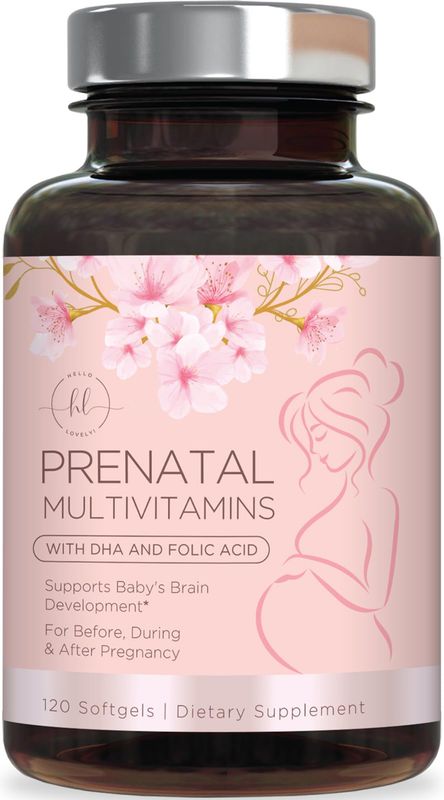Women's Prenatal Multivitamin with Folic Acid + DHA, Essential Prenatal Vitamins with Folate, Omega 3, Vitamin D3, B6, B12 &amp; Iron, Pregnancy Support Supplement for Mom and Baby - 120 Softgels