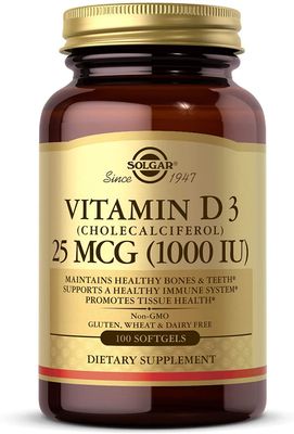 Solgar Vitamin D3 (Cholecalciferol) 25 mcg (1000 IU), 100 Softgels - Helps Maintain Healthy Bones &amp; Teeth - Immune System Support - Non-GMO, Gluten Free, Dairy Free - 100 Servings